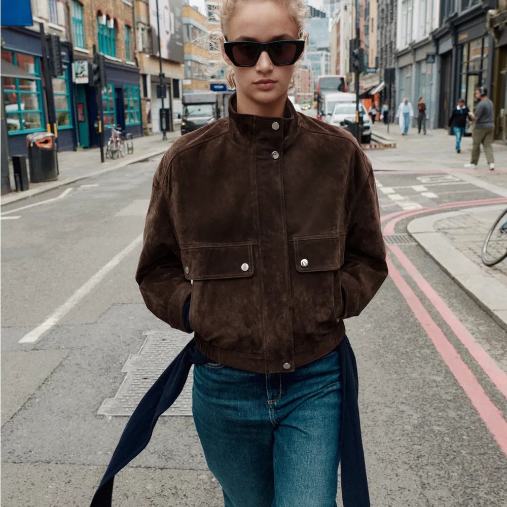 Zara Brown Real natural Suede bomber Jacket size S - Picture 6 of 11